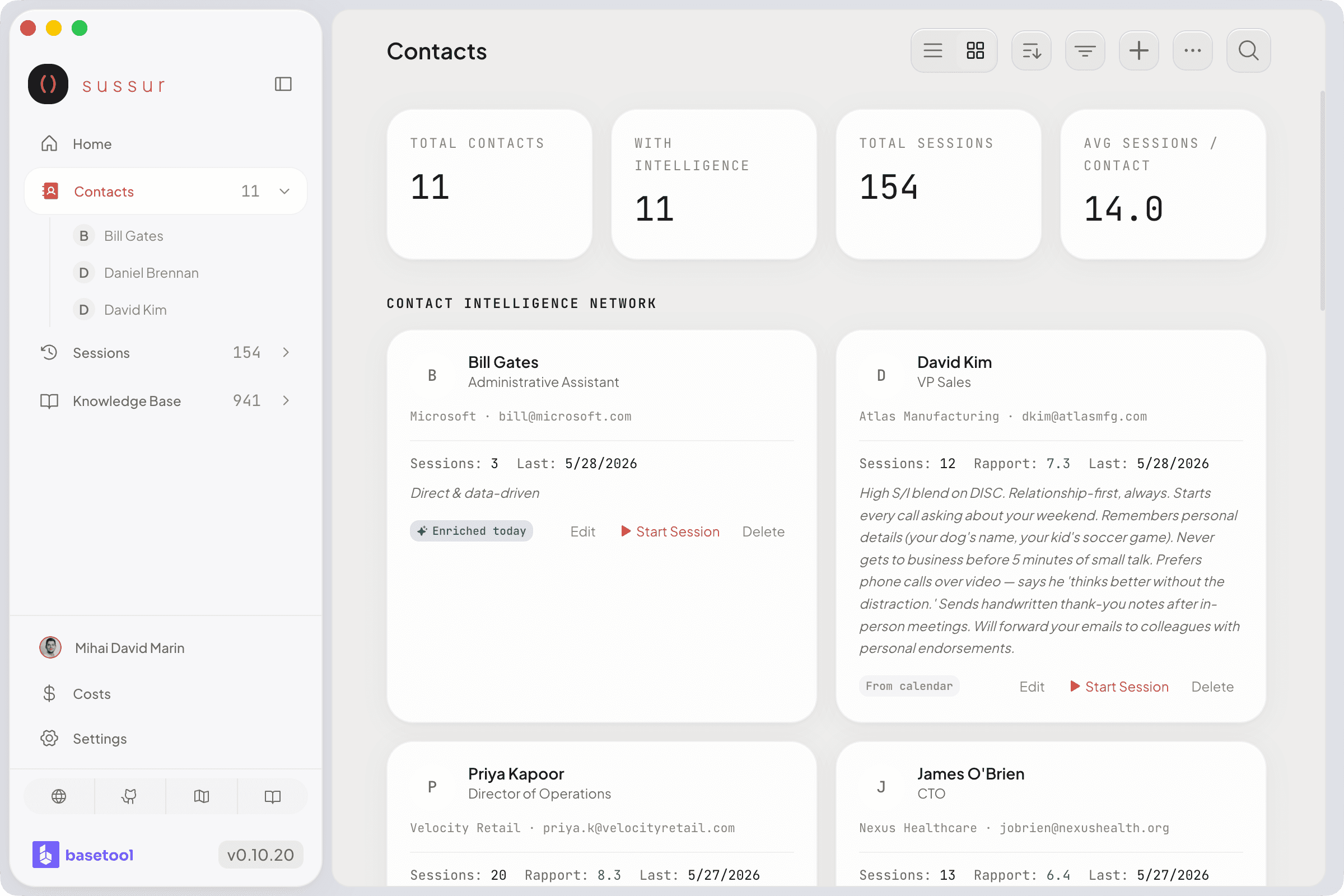 Contacts list with enriched roles, companies, and last-touched dates