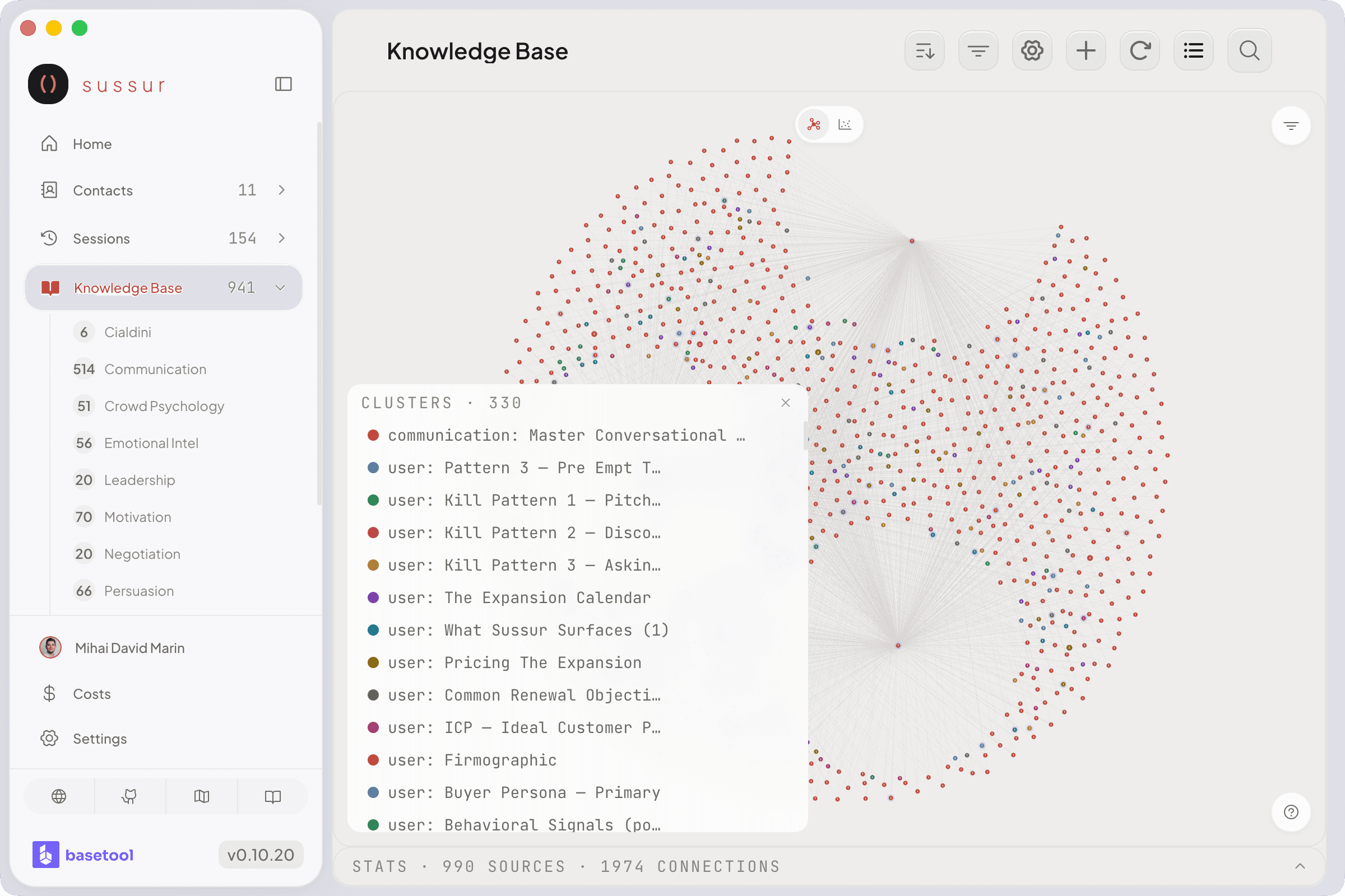 Knowledge graph clusters view with framework communities, entity nodes, and relationship edges