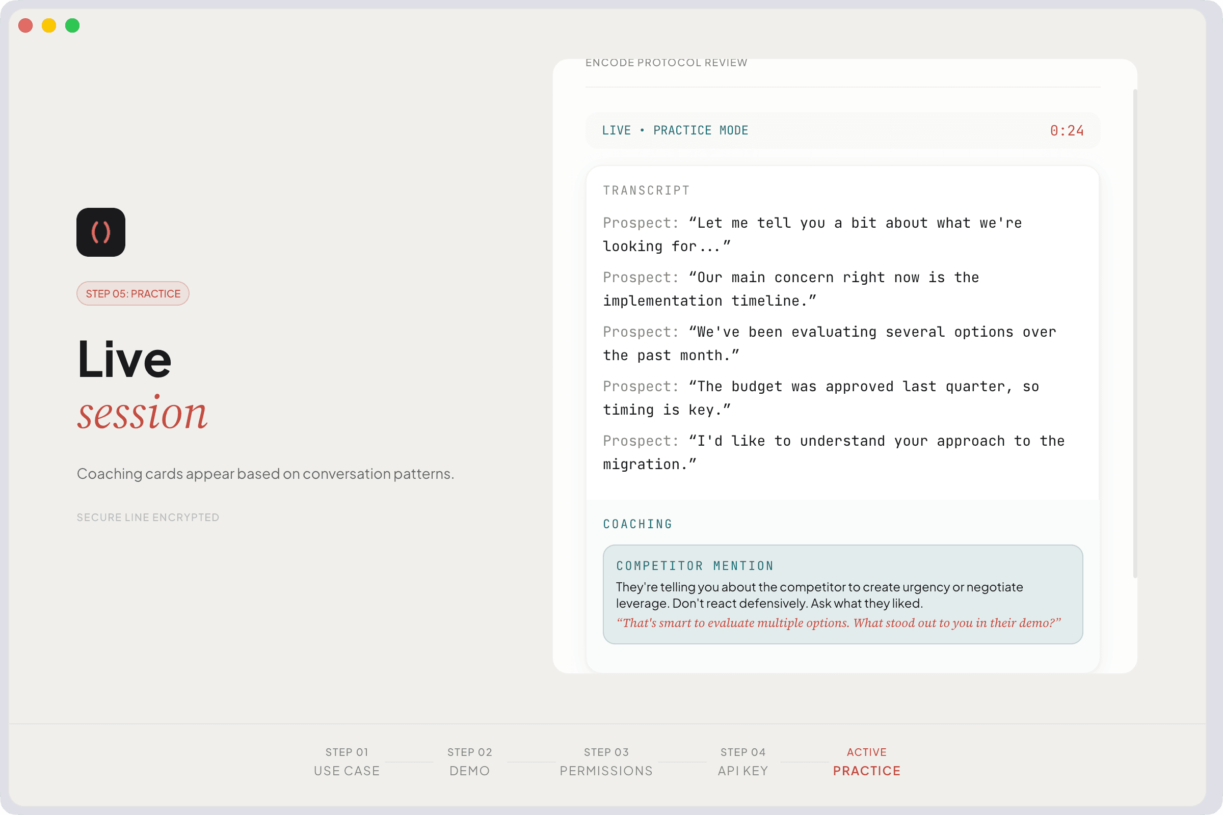 Live practice session with rolling transcript and a competitor-mention coaching card with a copyable say-next snippet