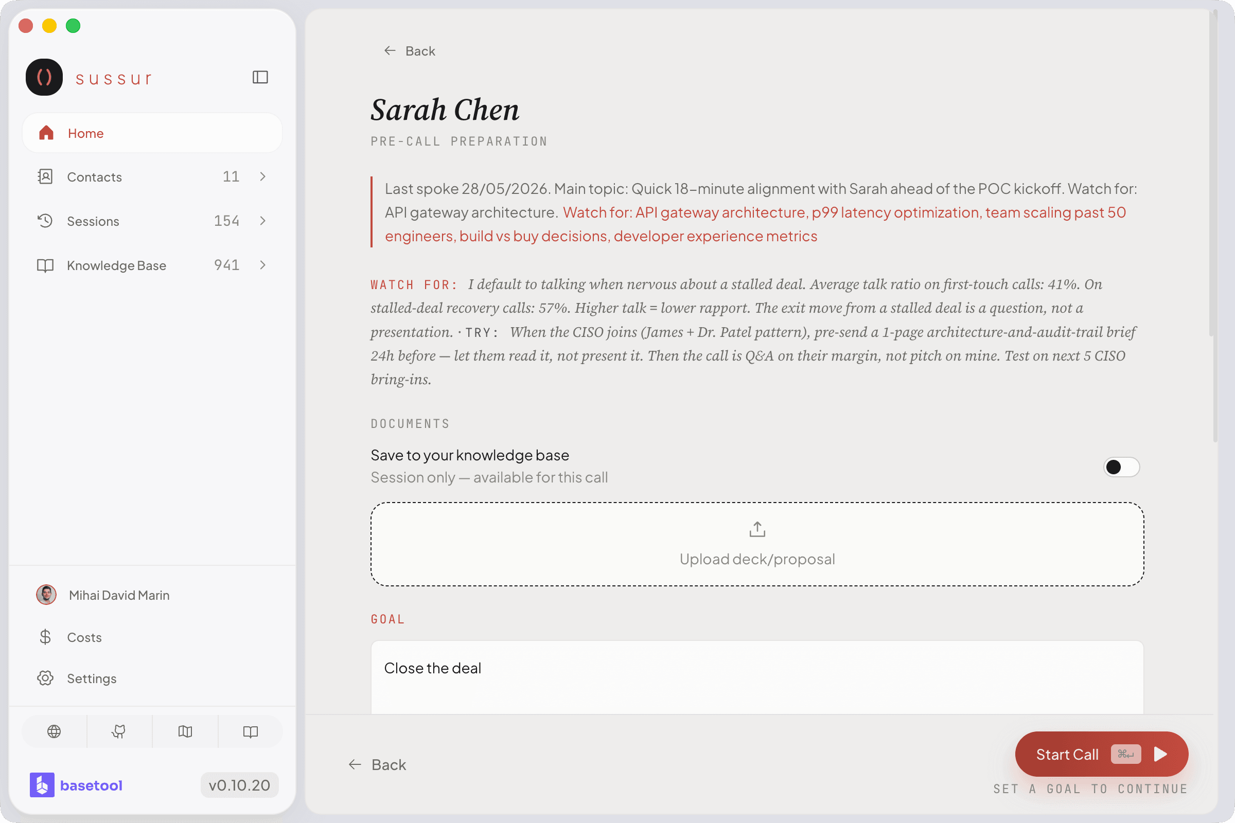 PrepView with contact name, 4-of-4 prep progress ring, and right-rail tiles for Playbook, Docs, and Objections