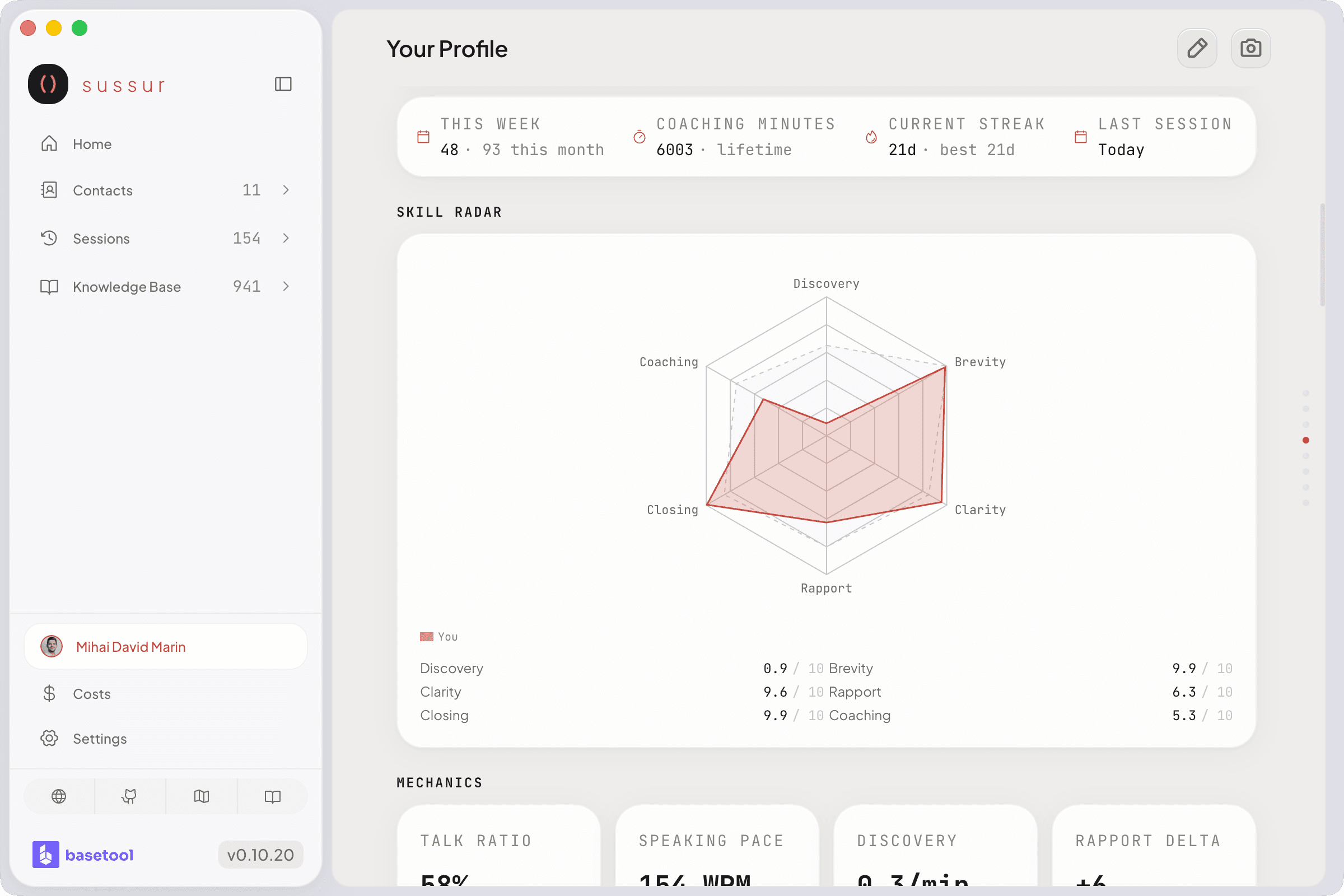 Seven-axis skill radar polygon with axis labels and shrinkage-adjusted scores