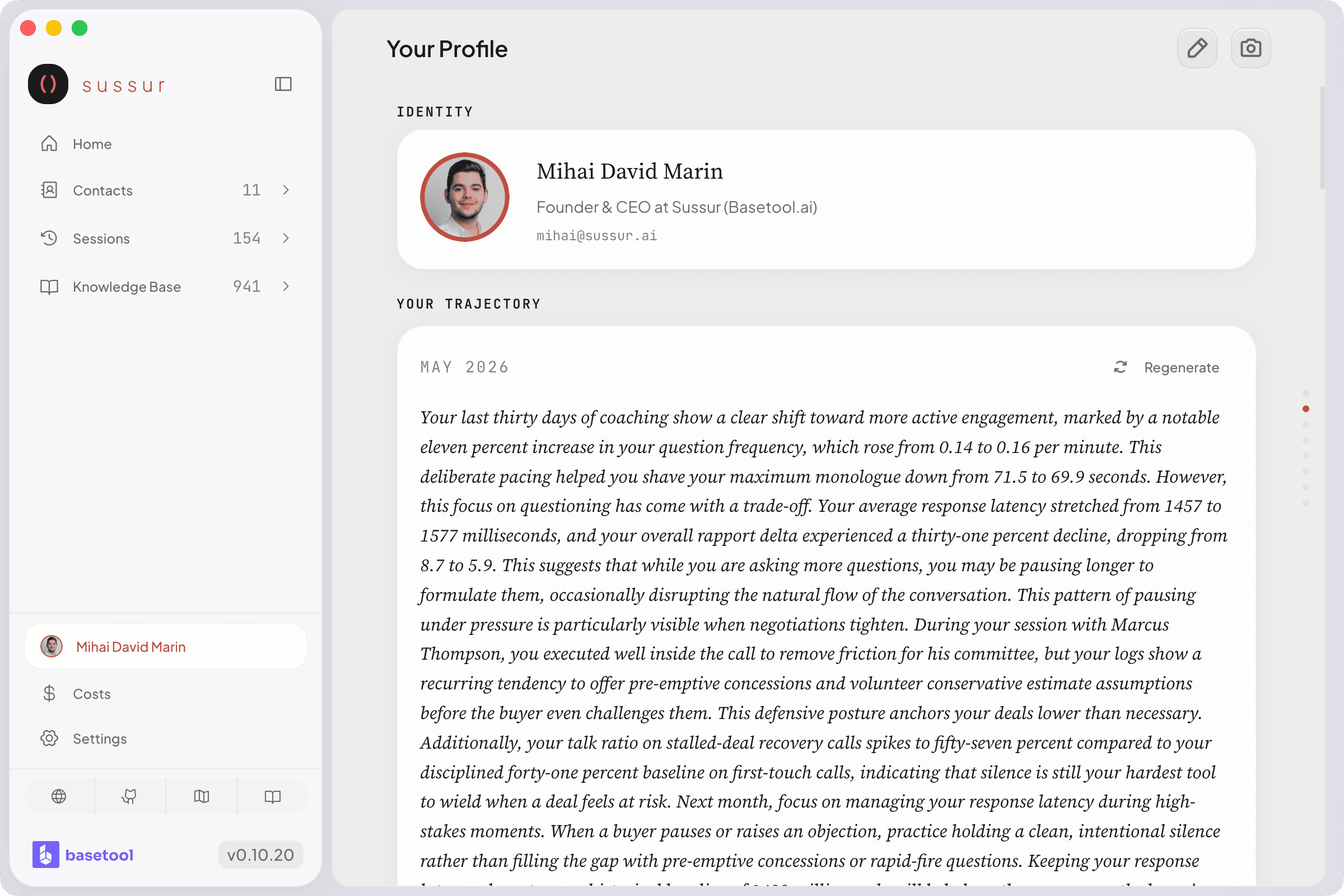 Profile coaching dashboard trajectory section with the italic monthly essay and supporting metrics