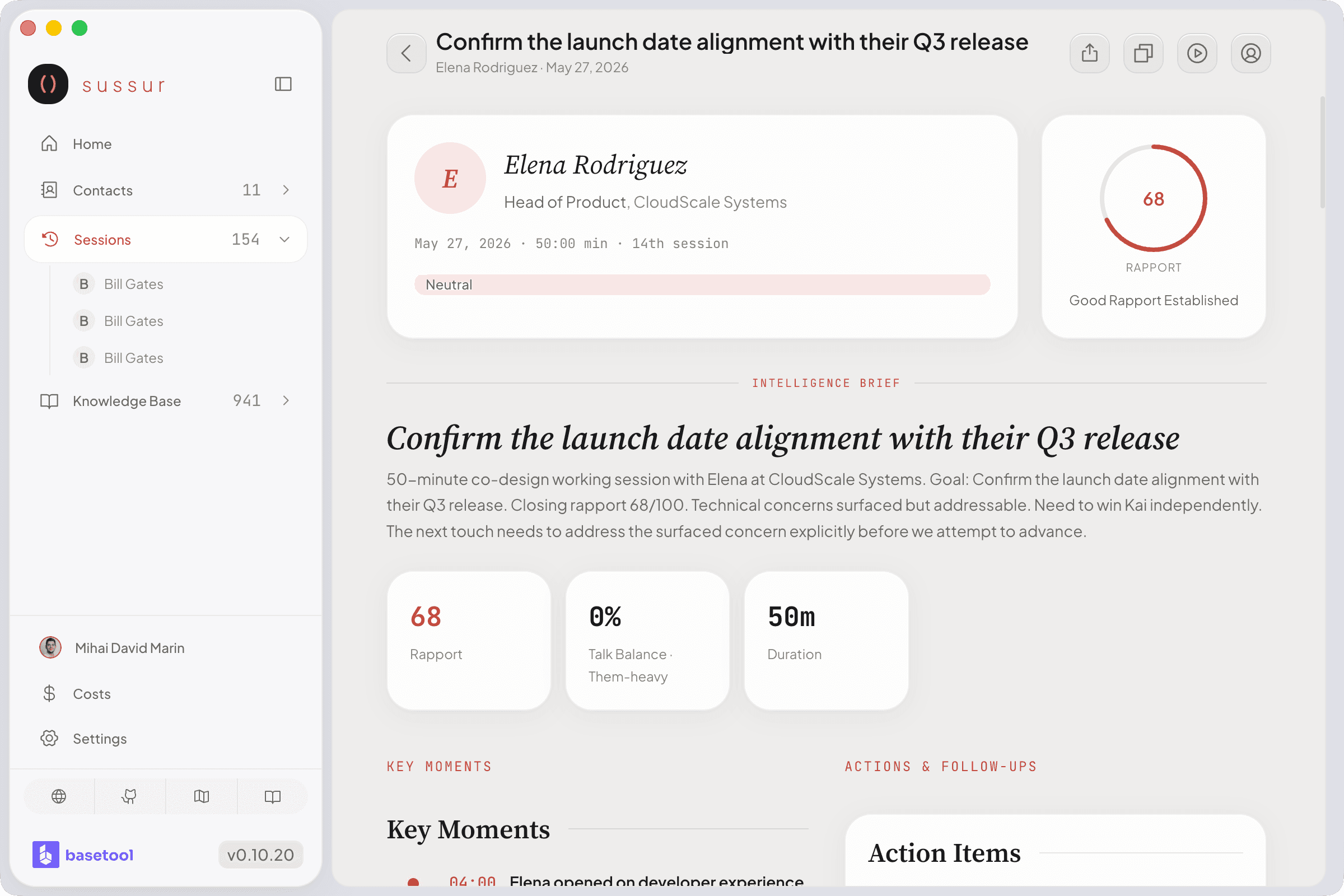 Post-call intelligence report brief with summary, contact header, goal assessment, and rapport gauge