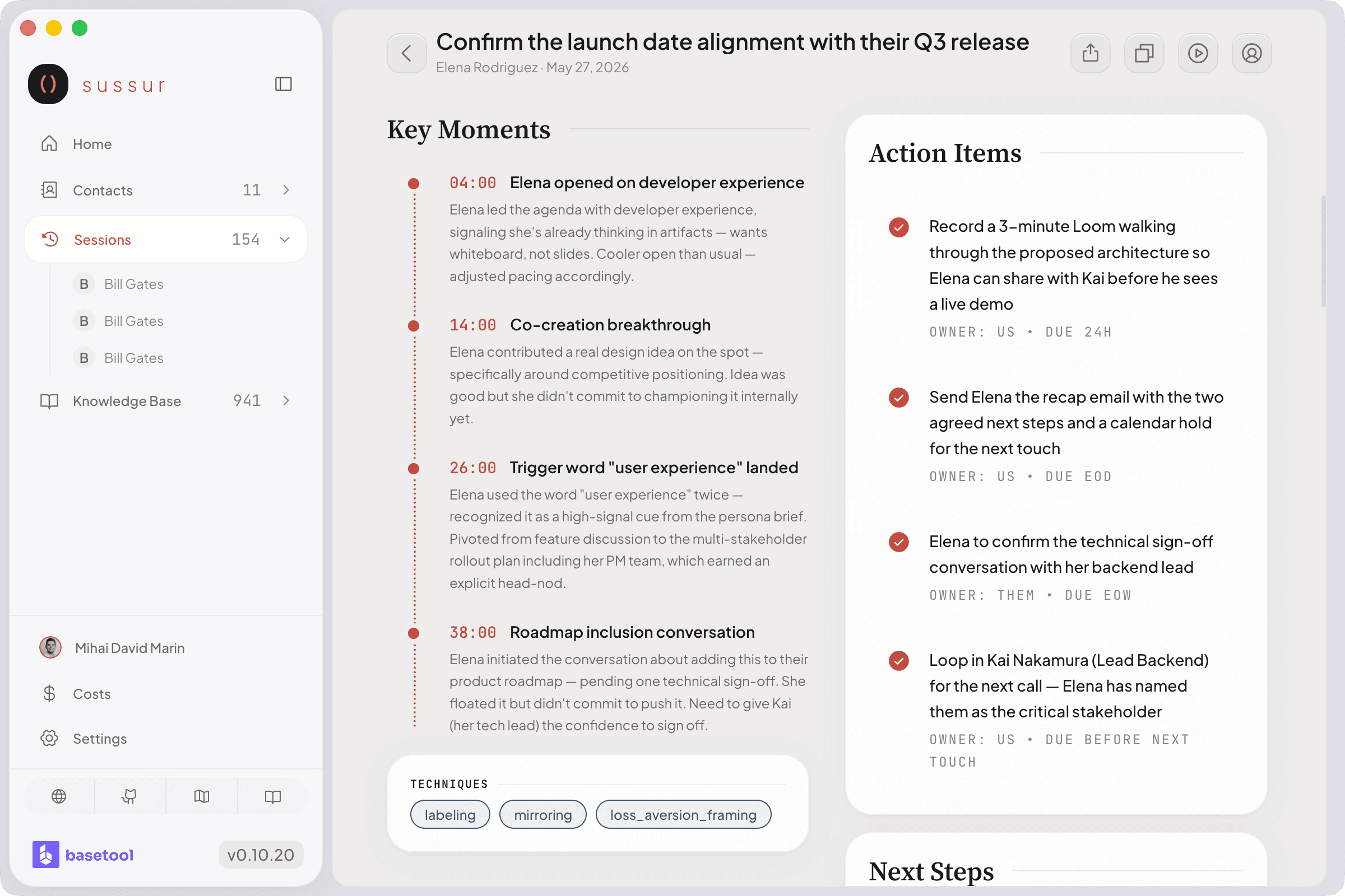 Report key moments section with bookmarked highlights and supporting quotes