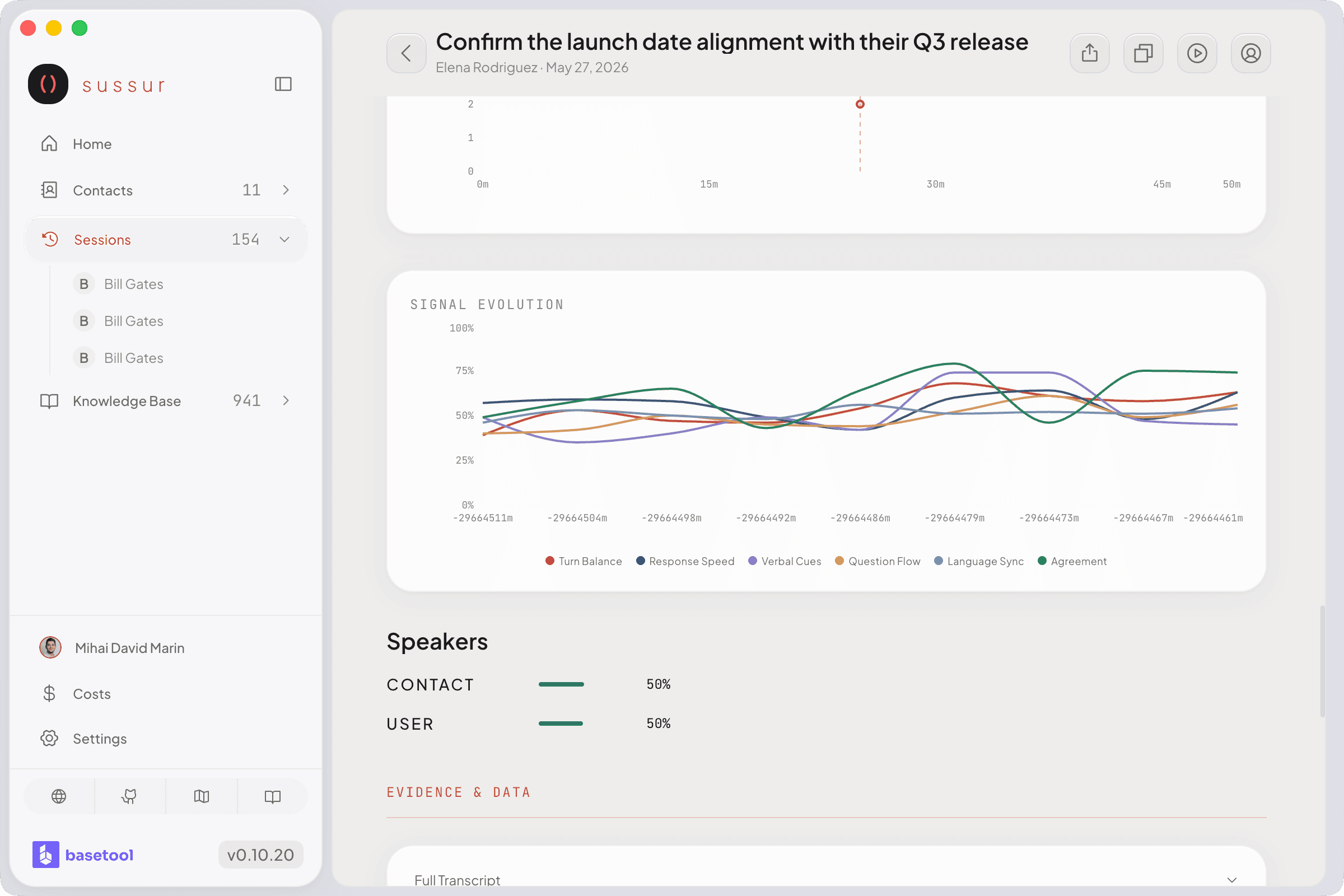 Signal evolution timeline showing rapport and engagement traces across a completed call