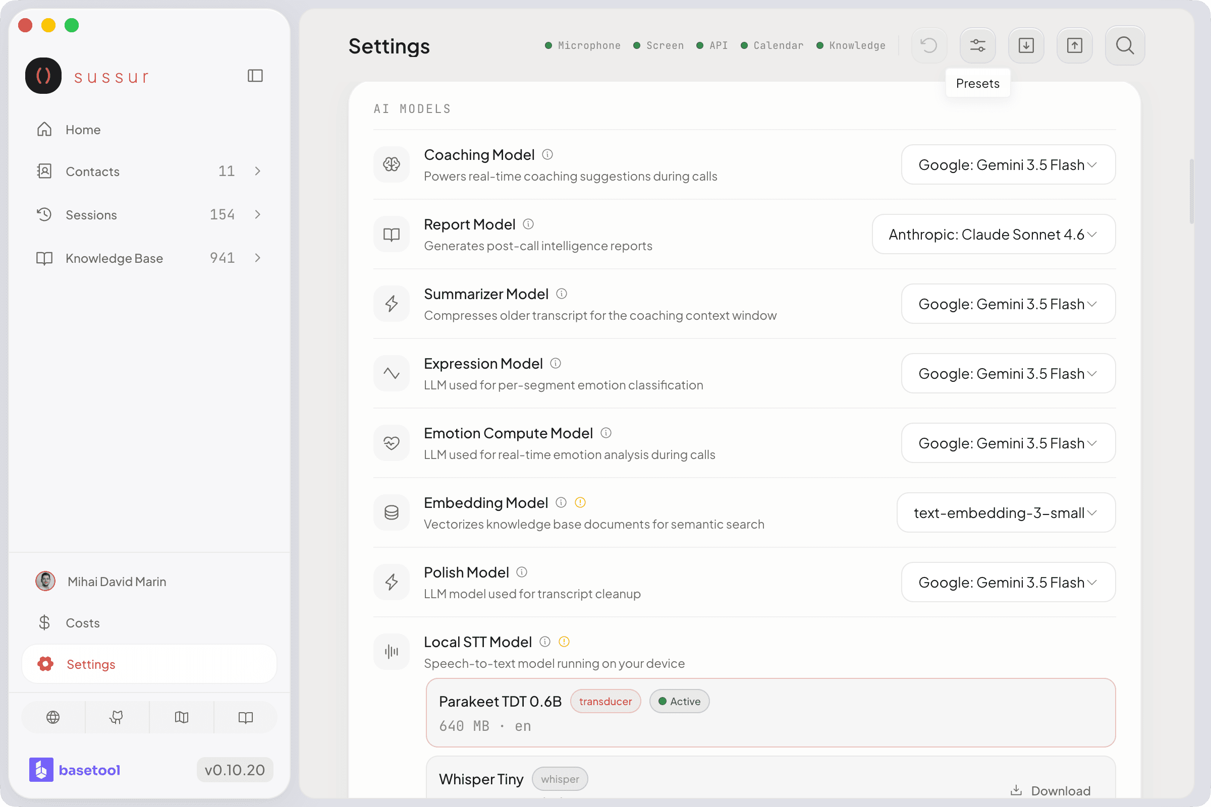 AI Models settings panel with per-subsystem model picker for coaching, report, summarizer, expression, emotion, and polish