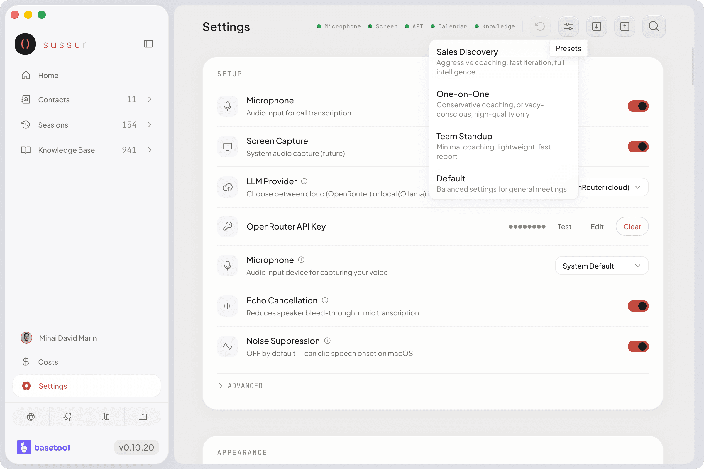 Settings presets panel with Sales Discovery, One-on-One, Team Standup, and Default profiles