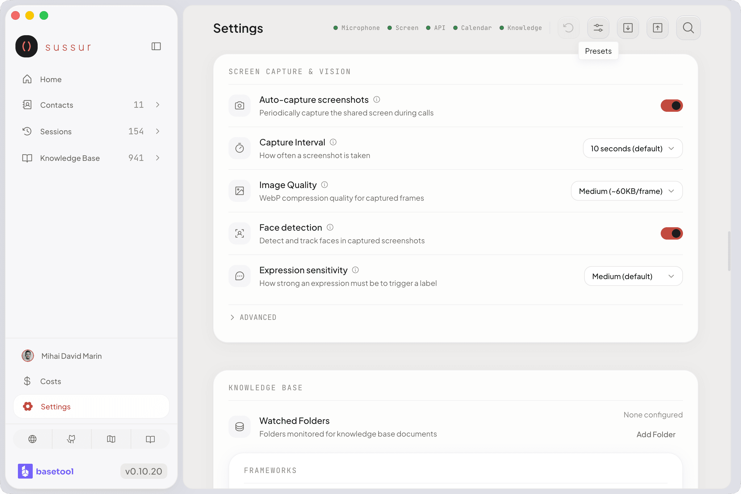 Screen capture settings panel including the hide-from-screen-sharing toggle and capture behaviors